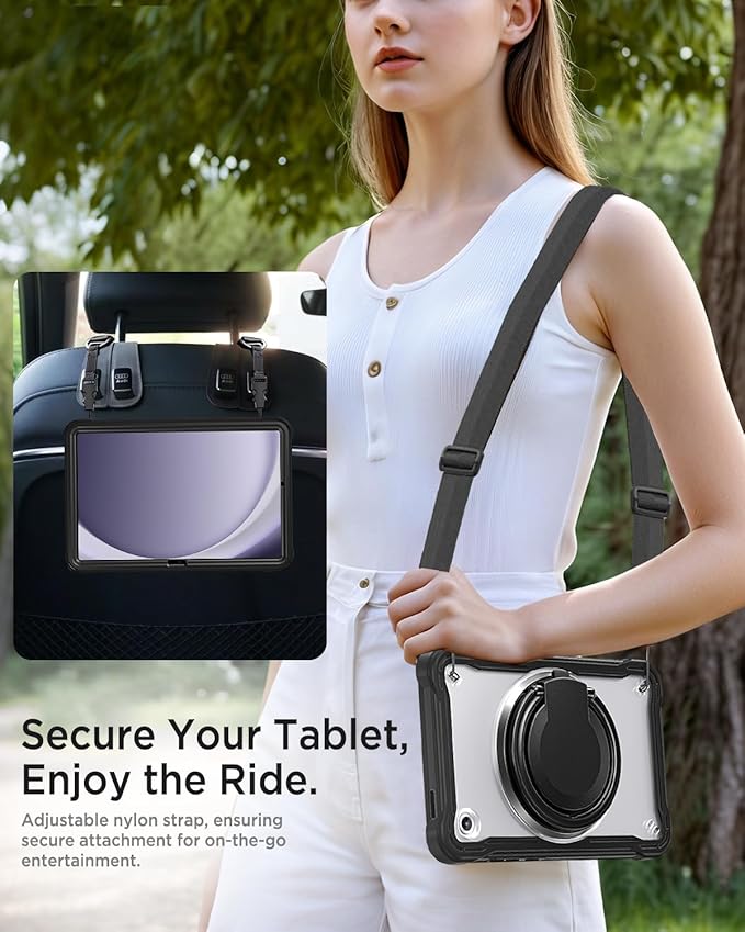 Miimall Case for Galaxy Tab A11 8.7 Inch 2025 with Shoulder Strap Bulit-in 360 Rotating Stand Shockproof Rugged Kids Friendly Shell Pen Holder Cover for Samsung Galaxy A11 Tablet Black Clear