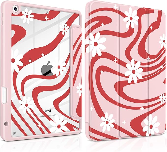 DONGKE for iPad 9th/8th/7th Generation Case 10.2 Inch (2021/2020/2019) [Auto Sleep/Wake &amp Pencil Holder] Clear Acrylic Back Trifold Stand Cover Swirl &amp Daisy