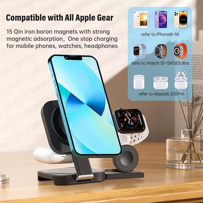 Trendwave 3 in 1 Charging Station for Apple Magsafe Charger Travel Accessories Wireless Charger 3 in 1 for for Airpods iWatch iPhone 12-17 Pro Max Black