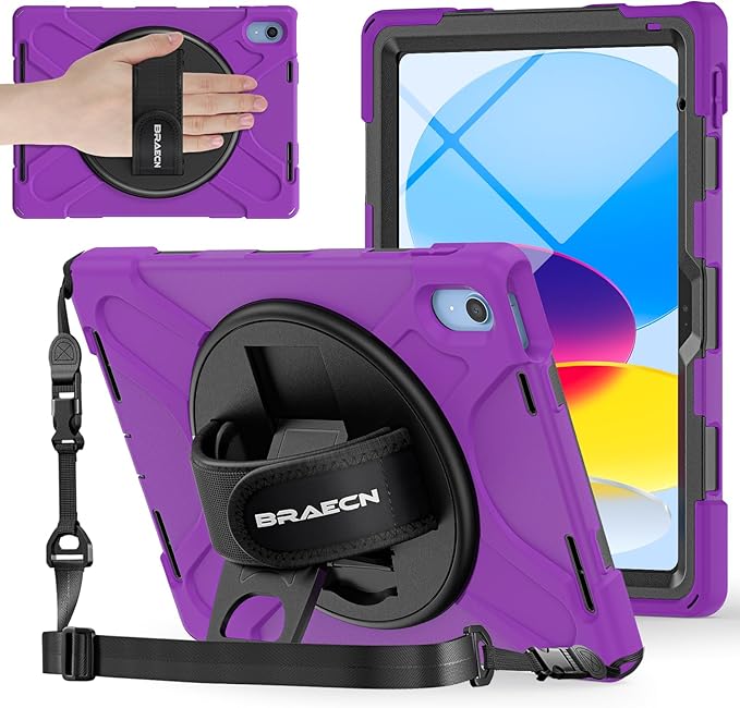 BRAECNstock for Apple iPad (A16) 11th/10th Generation 11/10.9'' 2025/2022 Shockproof Protective Case with Screen Protector Pencil Holder 360° Rotating Hand Strap&ampStand Shoulder Strap Purple