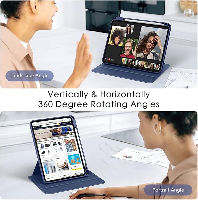 Soke Rotating Case for iPad (A16) 11th Generation 2025 iPad 10th Gen 2022 with Pencil Holder [Shockproof + Auto Sleep/Wake] 360 Degree Rotation Clear Back for iPad 11/10.9 - Navy Blue