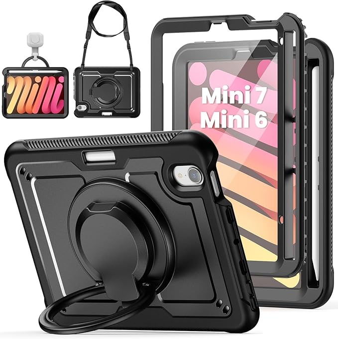 Case for iPad mini 7 (A17 Pro) 2024/ Mini 6 8.3'' with Pencil Holder Screen Protector [360 Rotating Handle &amp Stand] &ampShoulder Strap Shockproof Case for iPad mini 7th/6th Generation Black