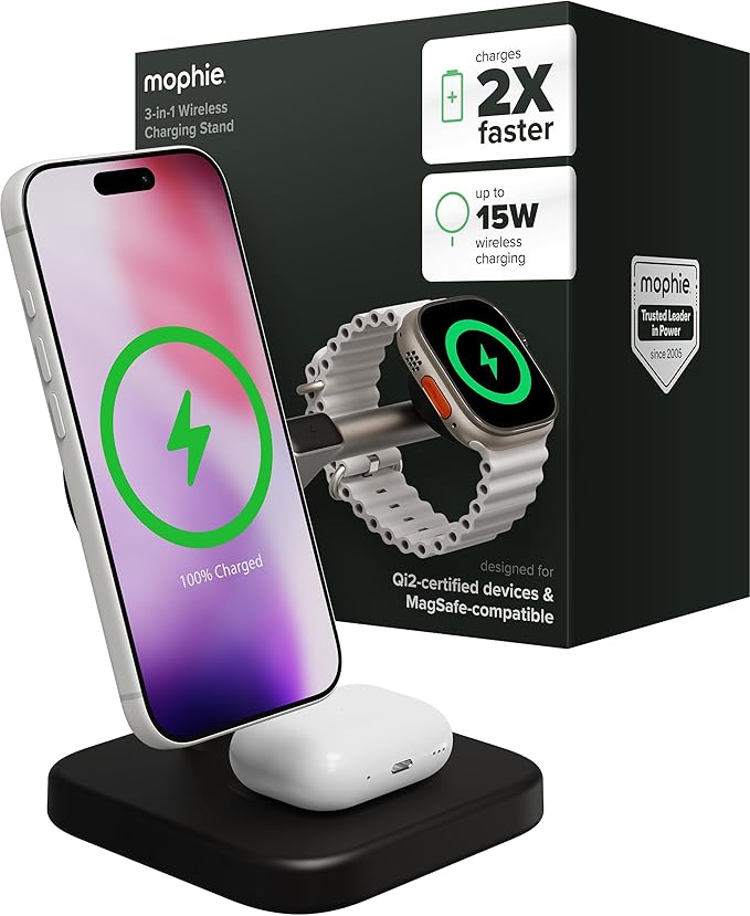 Mophie 3-in-1 Wireless Charging Stand - Qi2-Certified MagSafe Charger for iPhone Apple Watch &amp AirPods – Fast Charging Station with Adjustable Phone Stand &amp Cable Management – Up to 15W Powe