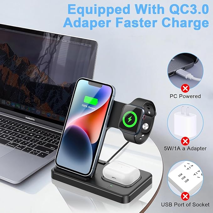 Wireless Charger 3 in 1 Fast Desk Charging Station for iPhone 16 15 14 13 12 Charging Stand Dock for Apple Watch &amp AirPods