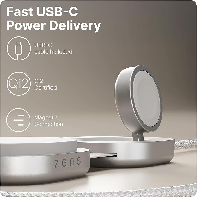 Zens Charging Cable Pro 3 Qi2 Magnetic Wireless Phone Charger for iPhone 17/16/15/14/13/12 Apple Watch Fast Charging 140 W USB-C Power Delivery Cable for MacBook and USB-C Laptops 1.5 m White