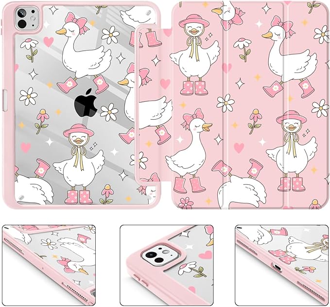 May Chen Case for iPad Pro 11-Inch M5/M4 2025/2024 (6th/5th Generation) [Penceil Holder] Trifold Stand Auto Wake/Sleep Clear TPU Protection Back Cover Cute Goose Spring