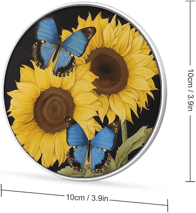 Yellow Sunflowers with Blue Butterflies Wireless Charger Fast Wireless Charging Pad with USB Cable 10W Anti-Slip Magnetic Wireless Charger Portable Slim Charger Puck Travel Charging Station