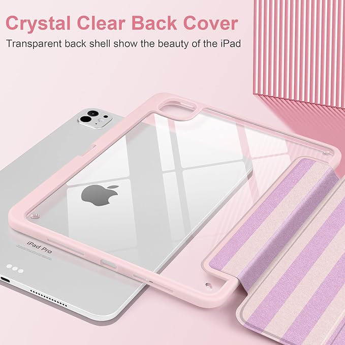 DONGKE for iPad Pro 11-Inch Case (M5 2025 / M4 2024) 6th/5th Generation [Auto Sleep/Wake &amp Pencil Pro Holder] Clear Acrylic Back Smart Trifold Stand Cover Pink Stripes