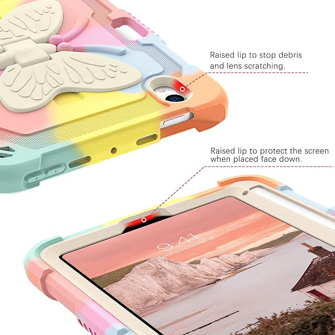 DUEDUE Case for iPad mini 7 (A17 Pro) 2024iPad mini 6 Case 2021 Butterfly Wings Kickstand with Pencil Holder Shockproof Protective Tablet Case for iPad mini 7th/6th Gen Kids Rainbow Pink