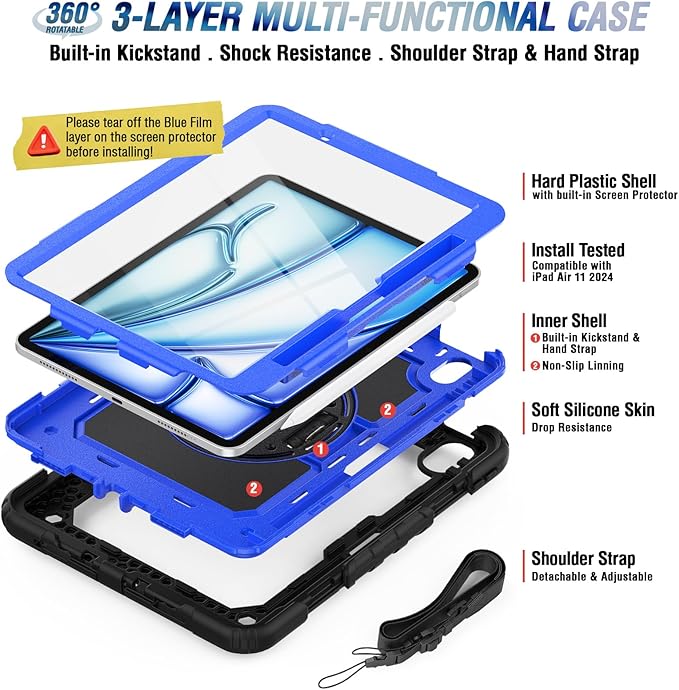 Herize Case for iPad Air 11 Inch M3/M2 with Screen Protector | Case for iPad Air 7th/6th Generation 11 Inch 2025/2024 | Shockproof Protection Cover W/Pen Holder Kickstand Hand Grip Shoulder Strap