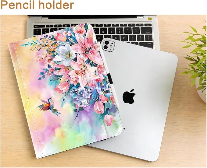 Vimorco Leather Case for iPad Pro 11 inch M5/M4 2025/2024 Pu Leather Protective Adjustable Stand Tablet Cover Hand Strap Card Pocket with Pencil HolderAuto Wake/SleepHummingbirds &amp Flowers