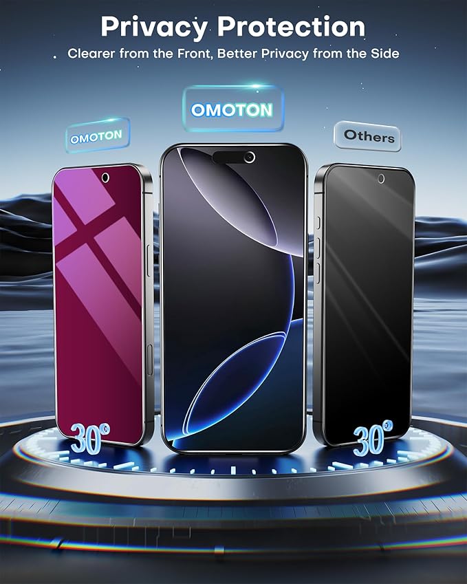 OMOTON 2 Pack Privacy Screen Protector for iPhone 16 Pro Max Purple &amp Pink Gradient Anti-Spy Tempered Glass Screen Protector with Auto-Dust Removal Tray Anti Blue &amp Eye Protection Case Frie