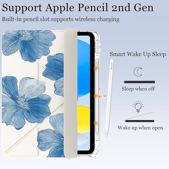 Cute Blue Flower for iPad (A16) 11th/10th Generation Case 11 Inch/10.9 Inch 2025/2022 with Pencil Holder Auto Sleep/Wake White Leather Acrylic Back Detachable Cover