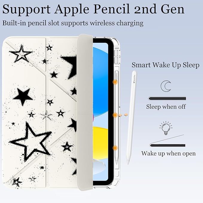 Cute Y2K Black Star for iPad Pro 11 Inch Case (M5/M4) 2025/2024 with Pencil Holder Auto Sleep/Wake White Leather Acrylic Back Detachable Cover