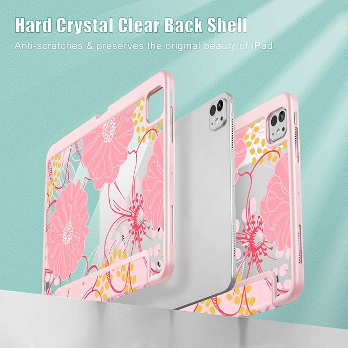 May Chen Case for iPad Pro 11-Inch M5/M4 2025/2024 (6th/5th Generation) Clear Transparent Print Back Shell Slim Stand Shockproof Tablet Cover Auto Wake/Sleep Pink Flowers