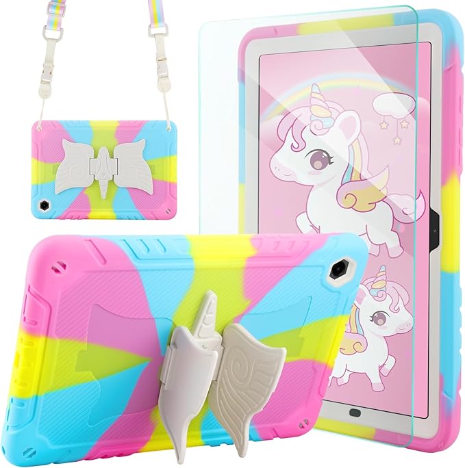 for Samsung Galaxy Tab A9 Plus Case for Samsung Tablet 11 inch Cover with Tempered Glass Screen Protector Shoulder Strap Shockproof for Galaxy Tab A9 Plus Tablet Case Kids Girls Colourful Unicorn