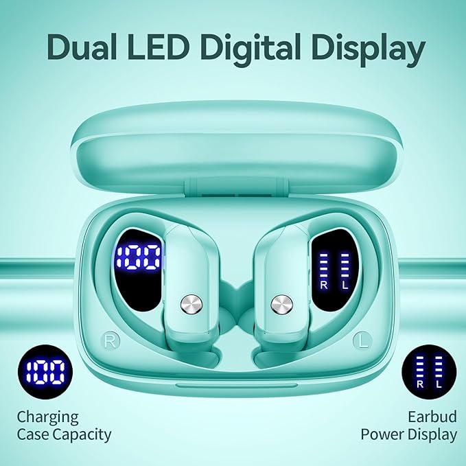 bmani Ear Buds Wireless Earbuds Bluetooth Headphones with 80H Playtime LED Display Case Over-Ear Hook with Mic Stereo Sound Easy Button Controls Sports Earphones for Running Workout Gym Mint Green