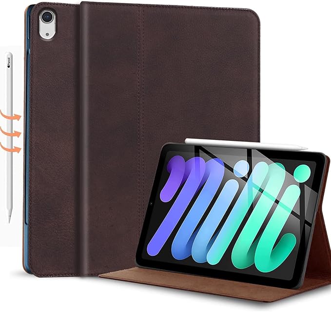 Gexmil Genuine Leather Case for iPad mini 7 (A17 Pro) 2024iPad mini 6 Generation 8.3 Inch Case 2021 Anti Fingerprint/SlipCowhide Folio Cover Auto Sleep/Wake with Adjustable StandSand Dark Brown