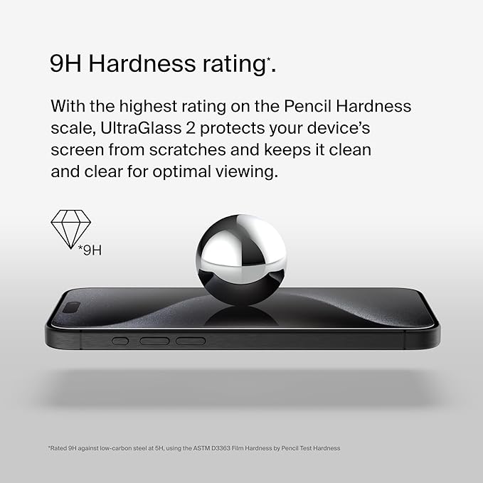 Belkin ScreenForce UltraGlass 2 Treated iPhone 15 Pro Screen Protector - Scratch-Resistant 9H Hardness Tested Glass w/Slim Design - Includes Easy Align Tray for Bubble-Free Application