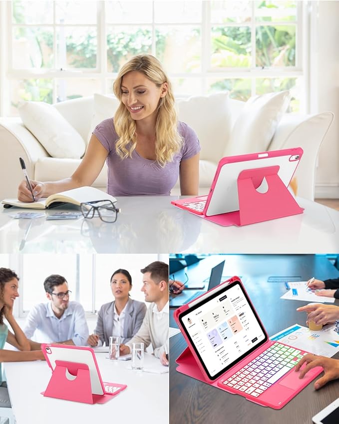 Touchpad Keyboard Case for iPad (A16) 11th 10th Generation 360 Rotation Cover with Pencil Holder Wireless Backlit Detachable Keypad for iPad 11 inch 2025/10 Gen 10.9 2022 Watermelon Red