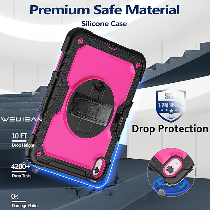 Weuiean Case for iPad A16 11th/10th Generation 11/10.9 Military-Grade Heavy-Duty Shockproof Cover with 360° Rotating Stand Built-in Pencil Holder &amp Adjustable Hand/Shoulder Strap - Pink+Black