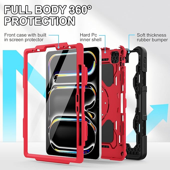 iPad Pro 11 inch Case 1st-4th Gen (2022/2021/2020/2018) Full-Body Shockproof Protective Cover with 360° Rotating Stand for Kids Also for iPad Air 11 inch Case M2 2024 6th Gen Pencil Charge