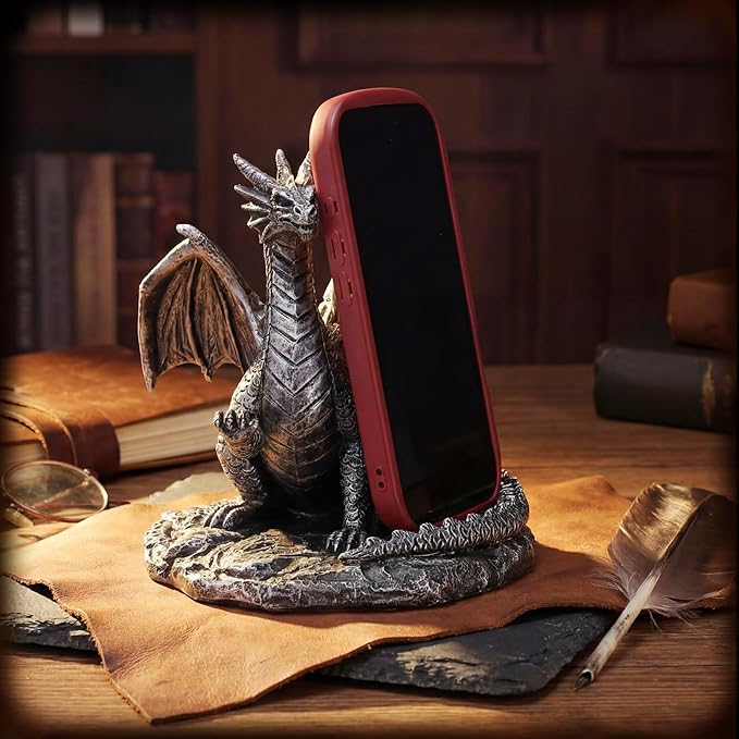 Gothic Dragon Cell Phone Holder Resin Gothic Standing Guardian Dragon Cell Phone Stand with Outstretched Arm for Medieval Decoration Desk Accessories Office 5.78 x 4.25 x 6 Inch