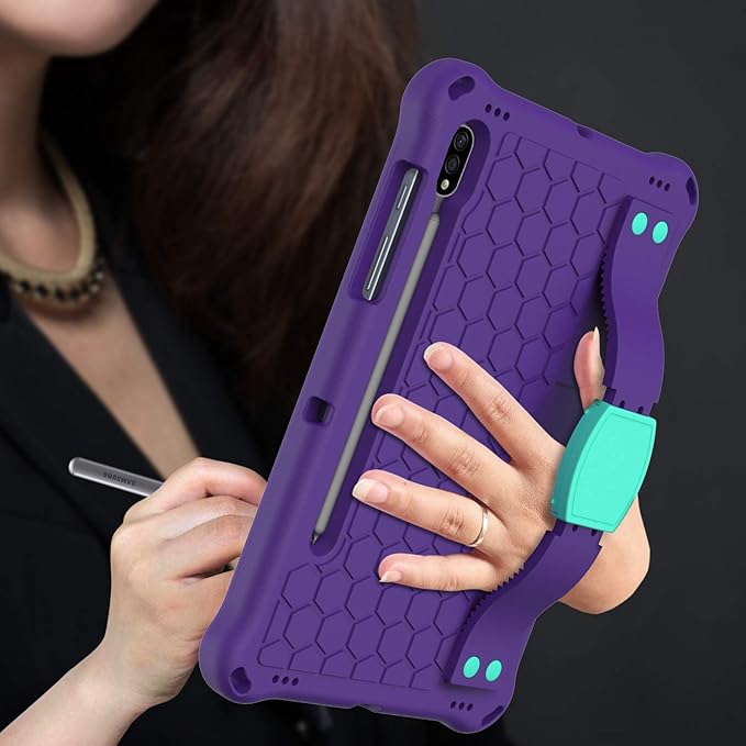 Bumper Case for Samsung Galaxy Tab S9 FE/S9/S8/S7 11 Techcircle Shockproof [Elastic Hand Strap] Stand EVA Foam Protective Case w/Shoulder Strap Kids Cover for Tab S7/S8/S9 SM-T870/X700 Purple+Green