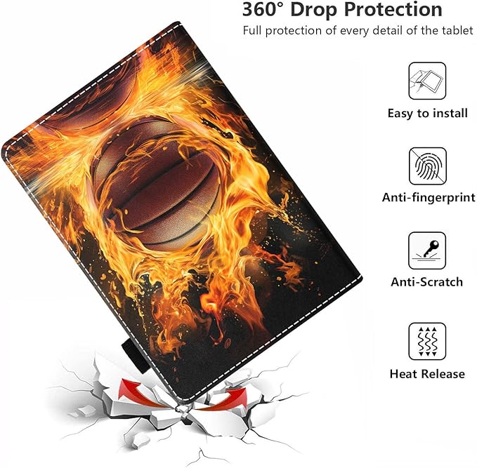 Case for All-New Amazon Kindle Fire HD 10 &amp 10 Plus Tablet 10.1 (13th/11th Generation 2023/2021 Release) - PU Leather Folio Case with Smart Auto Wake/Sleep Burning Basketball