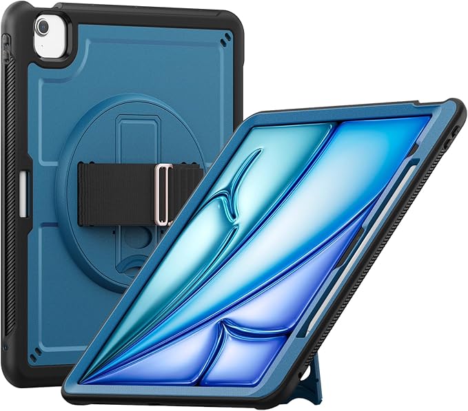 Batianda Case for iPad Air 13-inch 2025 M3 2024 M2 Chip Multilayered Rugged Durable Shockproof Tablet Cover with 360° Rotating Hand Strap Foldable Hidden Stand Navy Blue