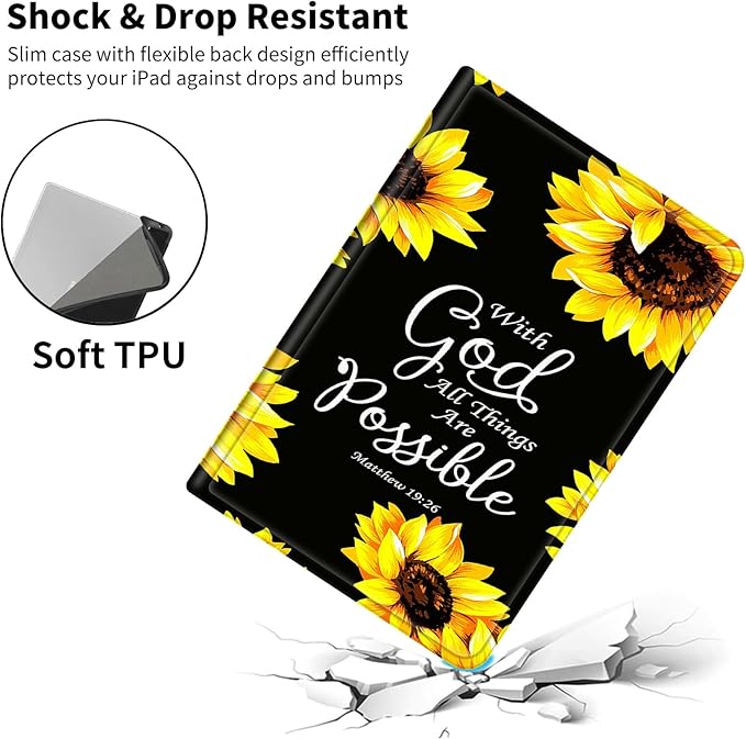 Case for iPad (A16) 11th Generation 11 Inch (2025)/ iPad 10th Generation 10.9 inch 2022Slim PU Leather Smart Cases Covers with Auto Wake/Sleep-Sunflower Matthew 19:26