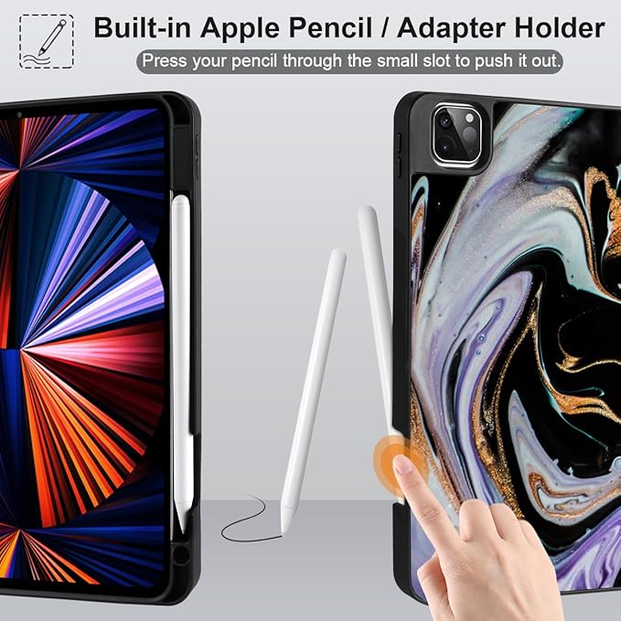 DONGKE Case for 2022/2021/2020/2018 iPad Pro 11 inch Gen 4/3/2/1 - Slim Protective Case - Built in Pencil Holder Support Charging - Trifold Stand &amp Sleep/Wake Cover- Black Marble