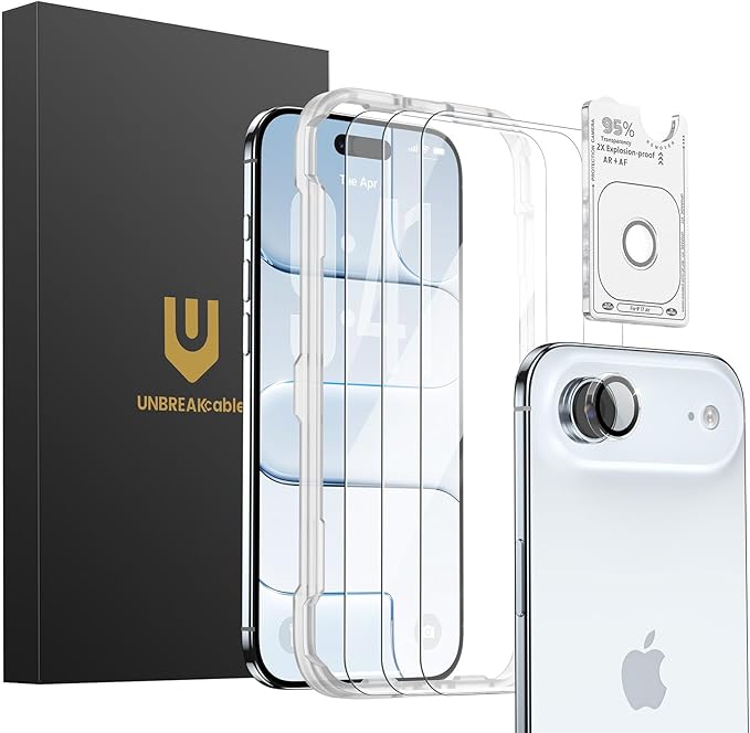 UNBREAKcable iPhone 17 Air Screen Protector 3-Pack with Camera Protection | 9H Hardness | HD Clarity | Anti-Fingerprint | Case Friendly | 6.5 Inch | 3 Tempered Glass + 3 Camera Lens Protectors