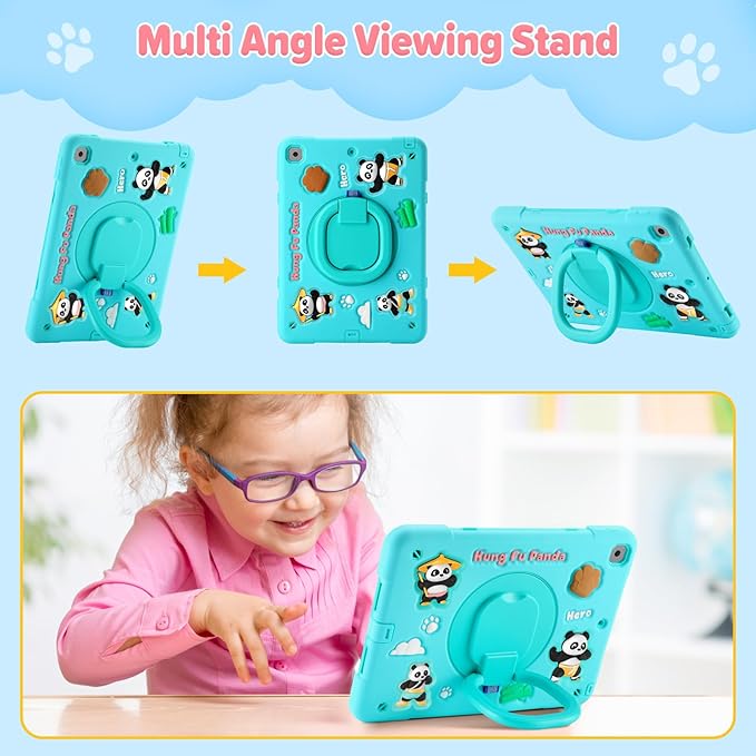 Case for iPad 9th/8th/7th Generation iPad 10.2 Inch 2021/2020/2019 Funny Cartoon Silicone 3D Panda Design Kids Case Heavy Duty Protection with Stand/Pencil Holder/Shoulder Strap