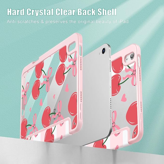 Mektron Printed Case for iPad mini 7 (A17 Pro) 2024/ Mini 6 2021 iPad mini 7th/6th Generation 8.3-inch Liquid Retina Display Cover Buit in Pencil Holder with Clear Back Shell Cherries Bows C353