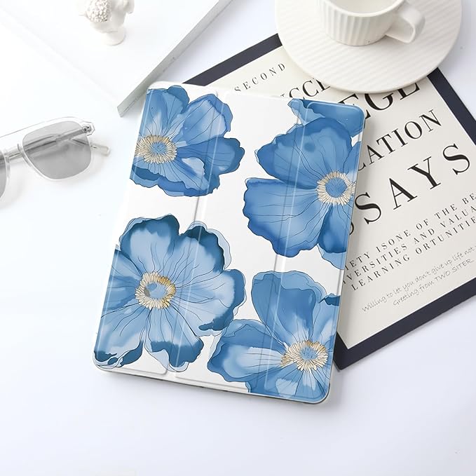 JOYLAND for iPad (A16) 11th Gen 11 Inch 2025/iPad 10th Generation Case 10.9 inch 2022 with Pencil Holder-Auto Wake/SleepBlue Floral Pattern Anti-Scratch Shockproof Premium Folio Stand CaseWhite