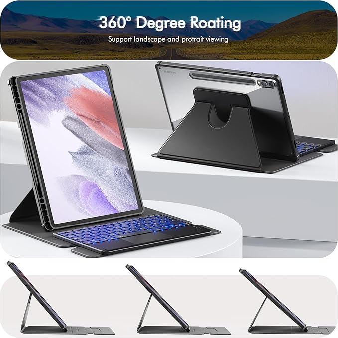 INFILAND for Galaxy Tab S10+ S9+ Plus/S9 FE+ Plus Keyboard Case [High Precision Tackpad] 360 Rotating Stand Detachable Magnetic Wireless Keyboard Cover Light Black