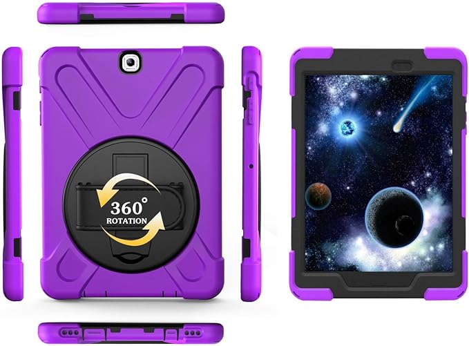 Case for Samsung Galaxy Tab A 9.7 2015 (SM-T550/T555/P550/P555)Portable Heavy Duty Dropproof Protective Cover Case with 360 Rotating StandHandle &amp Shoulder StrapStylus Pen (New Purple)