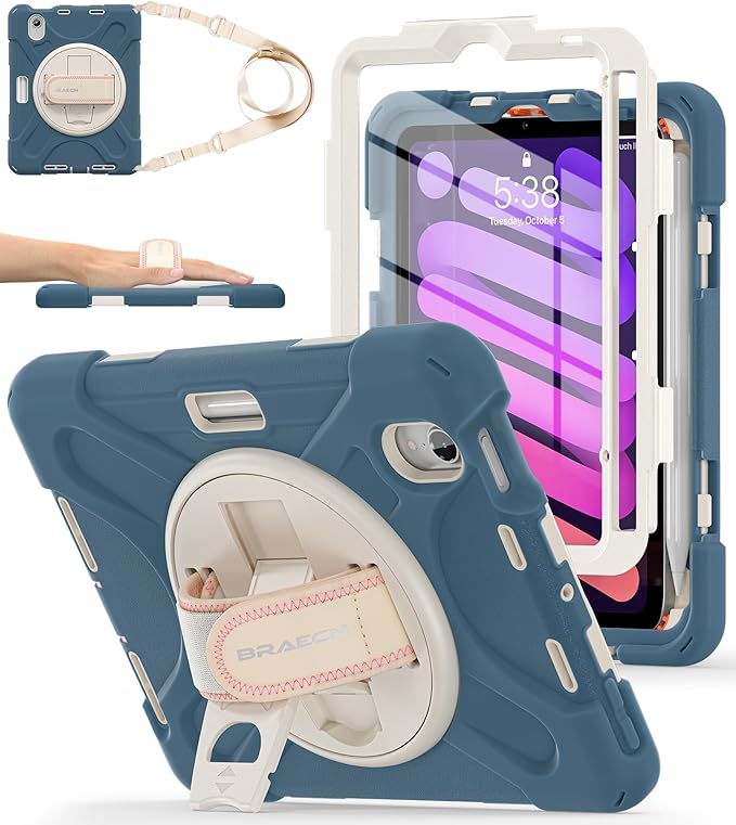 BRAECNstock for Apple iPad mini 7 (A17) Pro/Mini 6 Case 2024/2021 8.3 Rugged Protective iPad mini 7th/6th Gen Case with Screen Protector Pencil Holder Rotating Hand Strap + Stand Cornflower Blue