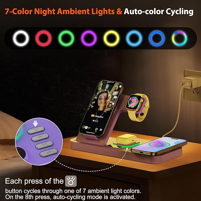 Dual Phone Magnetic Wireless Charging Station for Apple Ecosystem Wireless Charging Station for Apple Devices with Auto Switch 7-Color Light &amp Clockfor iPhone17for iwatch10 for AirPods Pro3（Pu