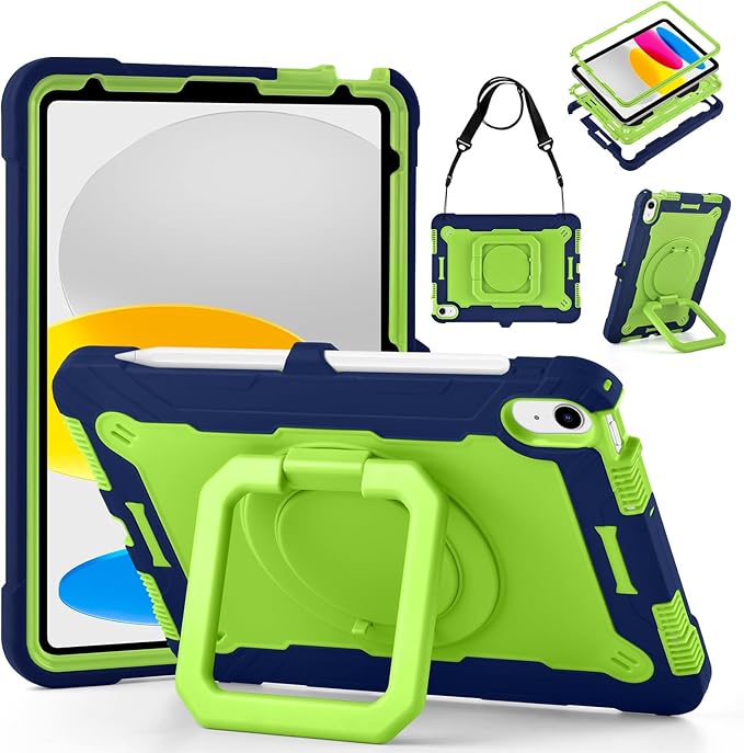 DETUOSI Case for iPad (A16) 11th Generation 11 Inch 2025 Shockproof Cover with 360°Rotatable Stand &amp Shoulder Strap Heavy Duty Case for iPad 10th Gen 10.9 Inch Dark Blue + Green