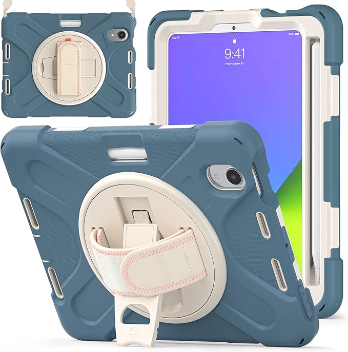 ZenRich Shockproof Case for iPad mini 7 (A17 Pro) 2024/ iPad mini 6th 2022 Heavy Duty Rugged Case with Pencil Holder/360°Rotating Kickstand/Handle/Carrying Shoulder BeltCronflowerBlue