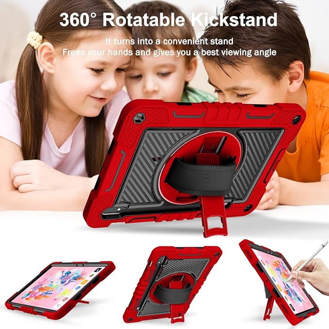 Shockproof Case for Samsung Galaxy Tab S8 2022/S7 2020 11 Tablet with Shoulder Strap Techcircle Heavy Duty Rotating Kickstand Rugged Defender Protective Case with Adjustable Hand Strap Red