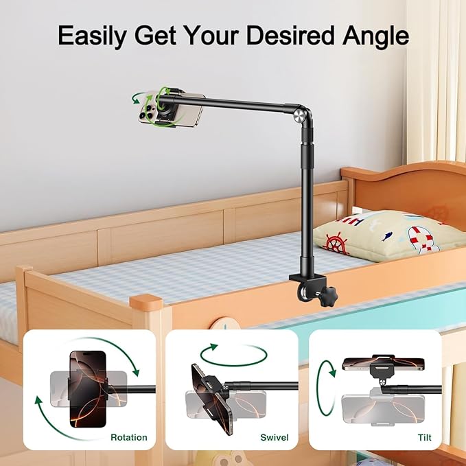 elitehood Aluminum Arm Phone Holder for Bed [360° Swivel Tilt Rotation] Adjustable Bedside Phone Holder Laying Down iPhone Stand for Bed Desk Overhead iPhone Clamp Mount Fit All 4-7’’ Cellphone