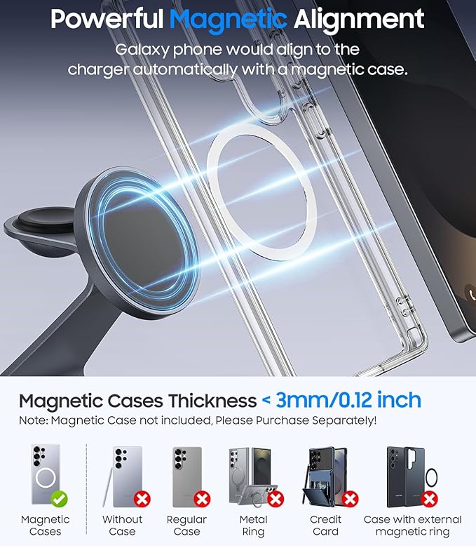 Magnetic Wireless Charger for Samsung 3 in 1 MagSafe Charging Station Aluminum Charger Stand for Galaxy S26/S25/S24/Ultra/Plus/Z Fold7/Flip7 Watch Charger Stand for Galaxy Watch Ultra 8 7 for Buds