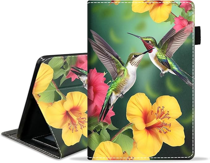 Case for Amazon Kindle Fire 7 Tablet (7 9th/7th Generation 2019/2017 Release) Slim PU Leather Cover with Card Slot &amp Auto Wake/Sleep Hummingbird Flower