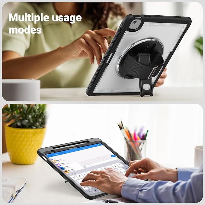 Batianda Case for iPad Air 13-inch 2025 M3 2024 M2 Chip Multilayered Rugged Durable Shockproof Tablet Cover with 360° Rotating Hand Strap Foldable Hidden Stand Transparent