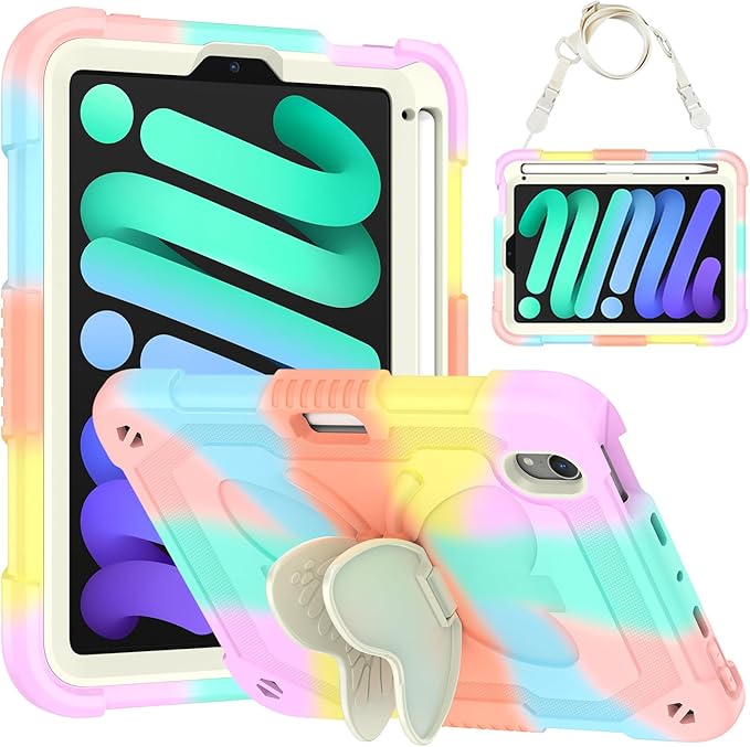 for iPad Mini 7 (A17 Pro) 2024/Mini 6 8.3'' Butterfly Case for Kids Girls Cute Kawaii Girly Butterfly Soft Silicone Cover with Stand Shoulder Strap for iPad Mini 7th/6th Generation 8.3 Pink