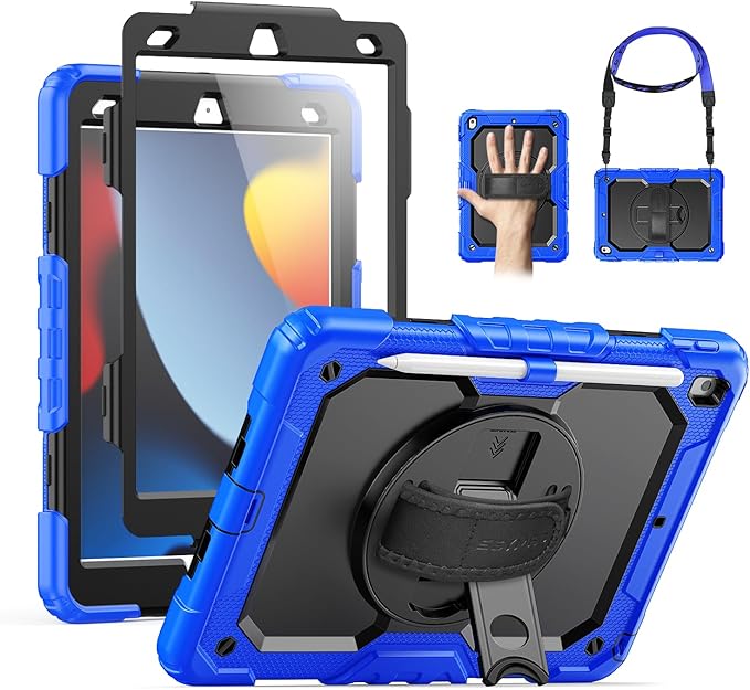 SEYMAC for iPad 9th/8th/7th Generation Case 10.2 2021-2019 Full-Body Shockproof Protective Case with Screen Protector Rotating Stand/Handle/Shoulder Strap for iPad 10.2 Blue/Black