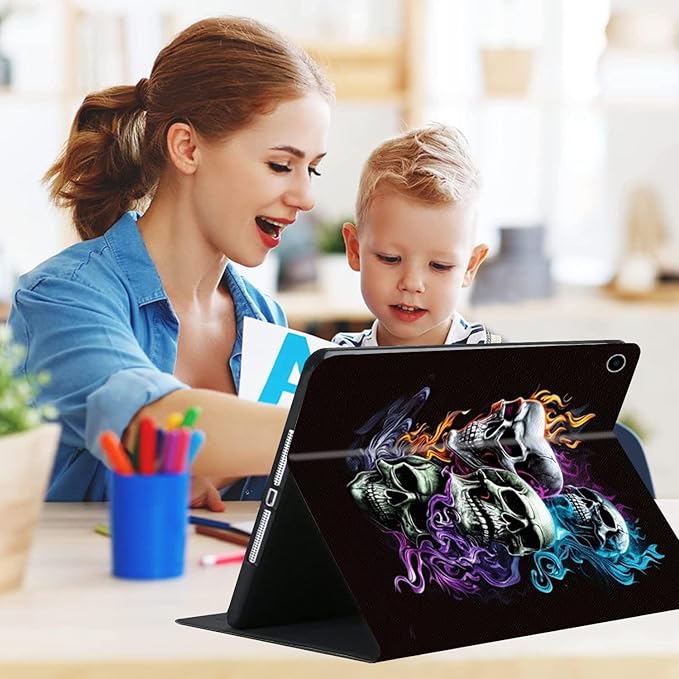Compatible with iPad Air 13 inch Case (M3 2025 /M2 2024)/12.9 inch Case (6th/5th/4th/3rd 2022/2021/2020/2018) with Pencil HolderAuto Wake/Sleep Protect CoverCool Fire Skulls